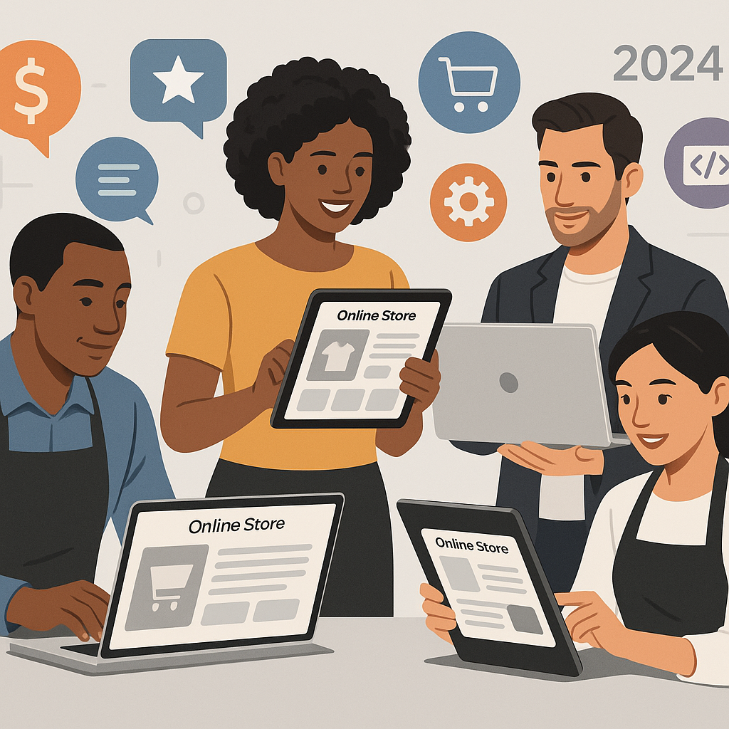 Illustration depicting small business owners comparing and using top online store platforms in 2024, highlighting features, pricing and user experience