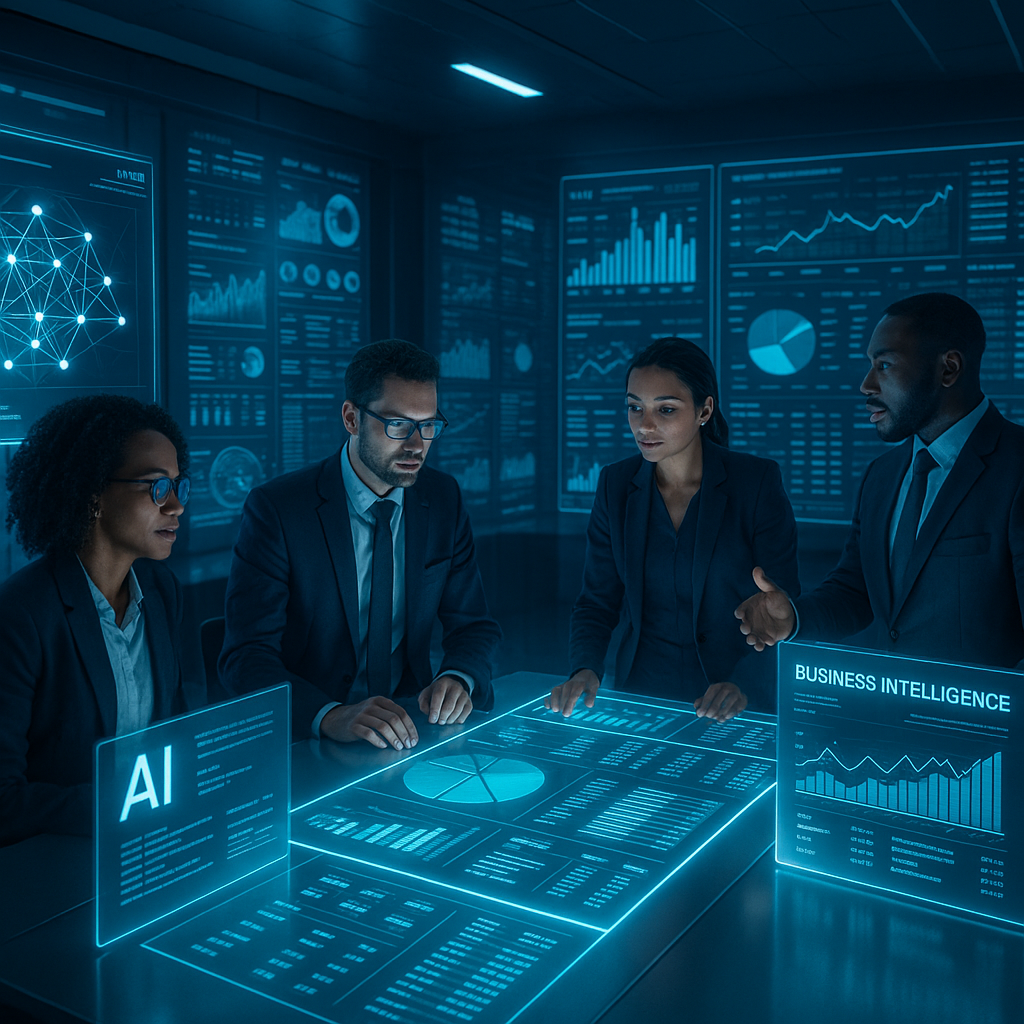 A futuristic high-tech office with holographic business intelligence dashboards showing AI algorithms and diverse professionals collaborating, representing AI-driven software development transforming business intelligence and operational efficiency.