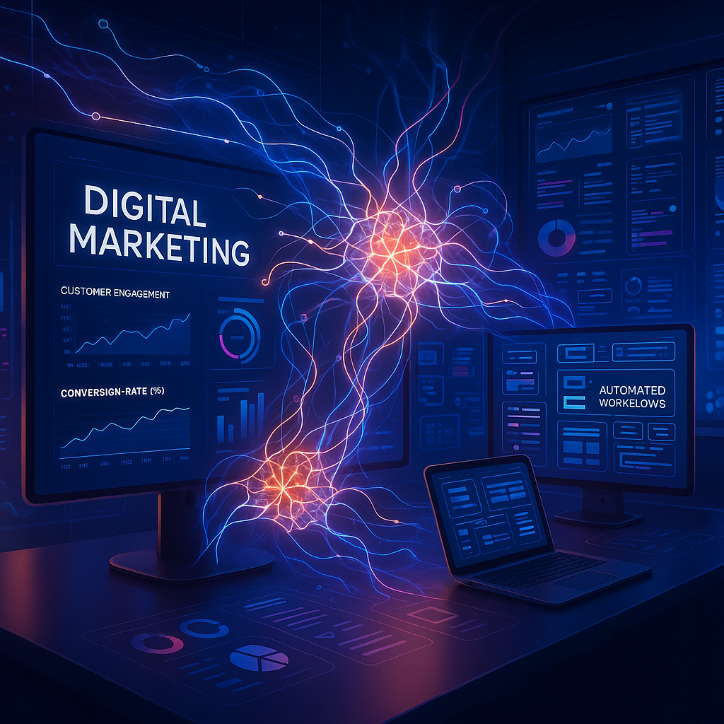 Digital marketing automation and AI-driven custom software design revolutionizing customer engagement with futuristic data visualization and neural network graphics.