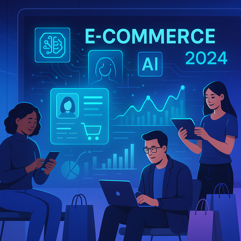 Futuristic AI-driven customer software revolutionizing digital e-commerce strategies with personalized data and shopper interaction in 2024