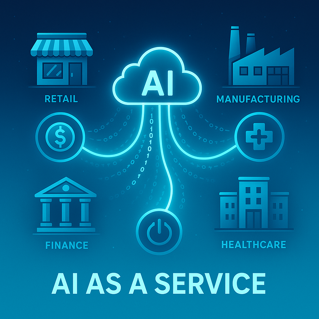 Digital illustration of interconnected industries using AI as a Service, symbolizing business innovation and cloud-based AI accessibility