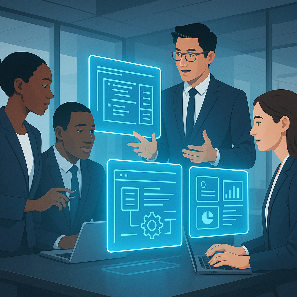 Business team collaborating over digital interfaces representing tailored custom software development services driving innovation and efficiency
