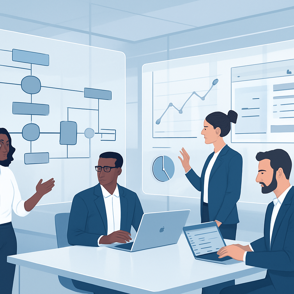Professionals collaborating on digital flowcharts and software interfaces representing custom business application development transforming workflow and growth