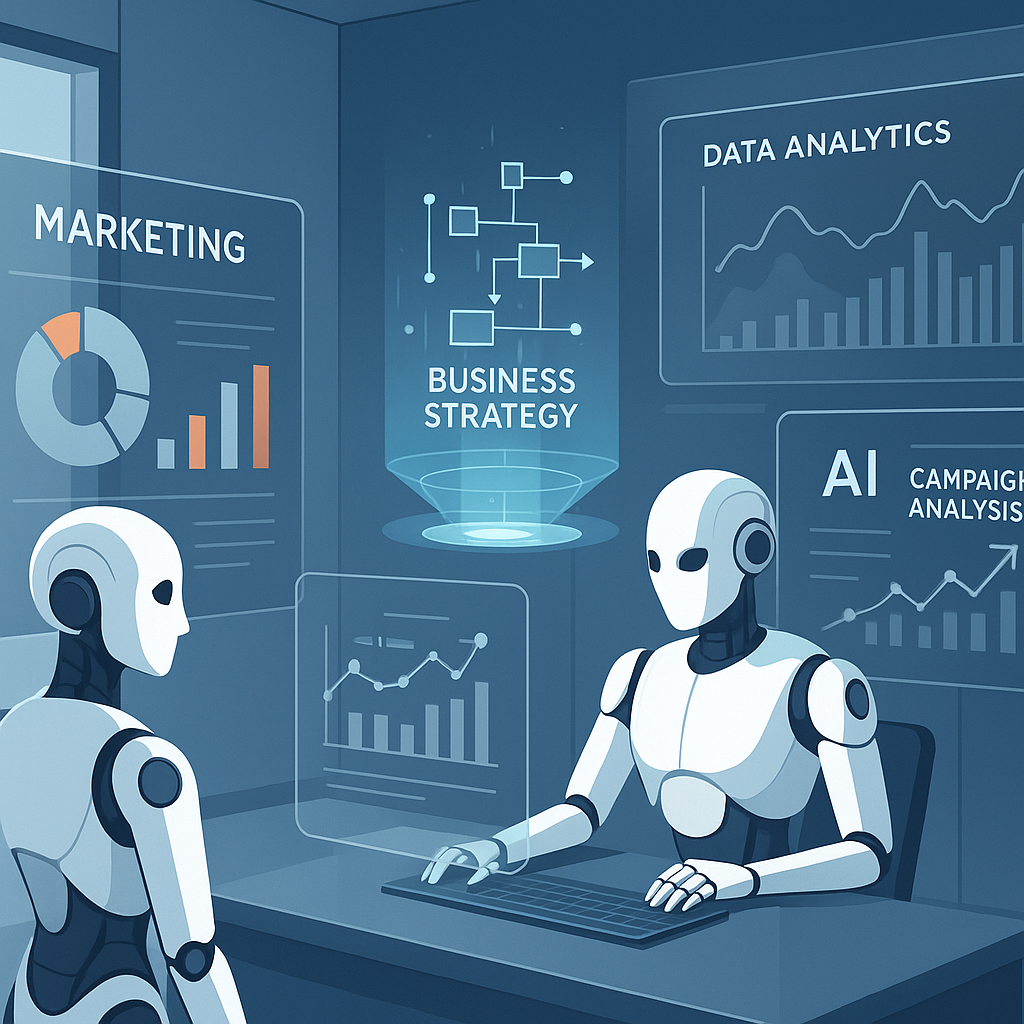 Digital marketing and business strategy transformation through artificial intelligence with data visualizations and AI analytics tools in a modern workspace