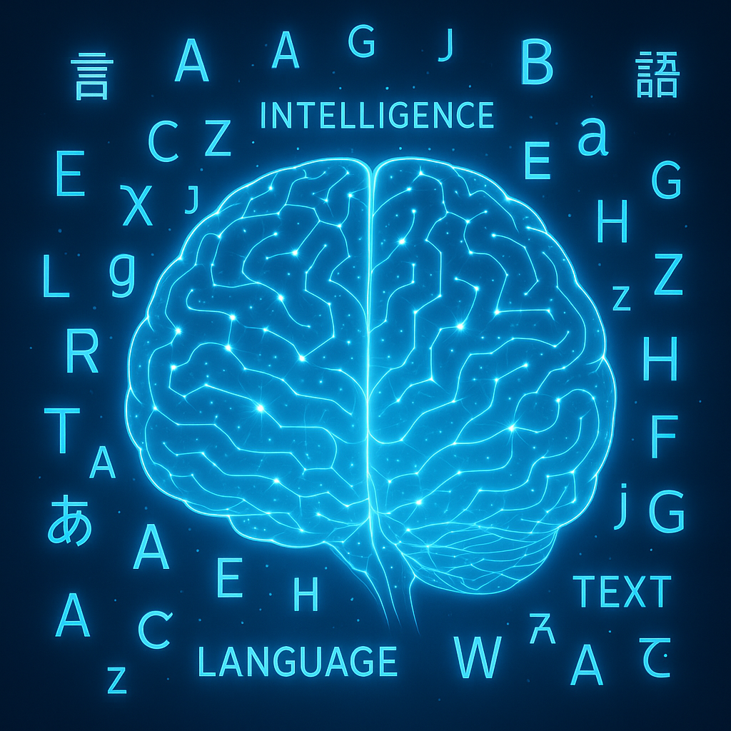 Futuristic digital brain surrounded by glowing language symbols illustrating AI transforming human language understanding